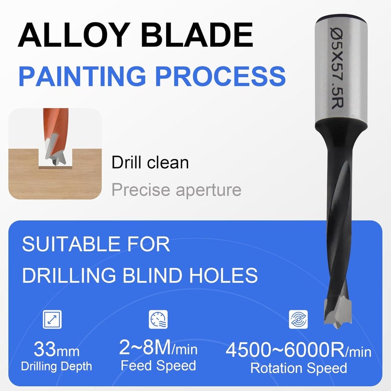 CDBP Carbide Tipped Brad Point Boring Bit 8mm Dia x 57.5mm Long - 10mm Shank, Right Hand Rotation for CNC Dowel Drilling - Image 3